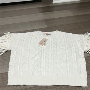 Philosophy White Cable Knit Sweater with Fringe Sleeves